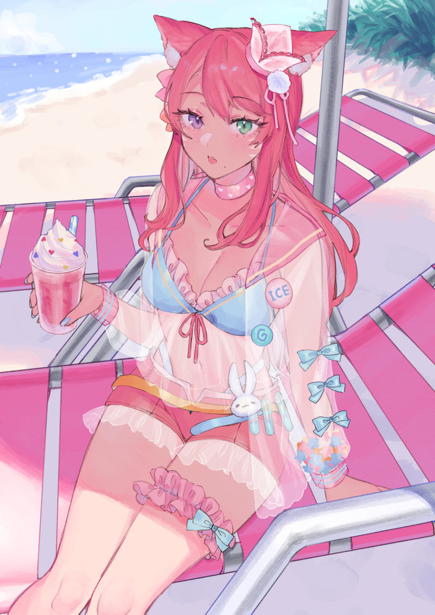 1girl, :o, absurdres, animal_ear_fluff, animal_ears, arm_support, badge, bare_legs, beach, beach_chair, beach_umbrella, bikini, blue_bikini, blue_nails, blue_sky, blurry, breasts, cat_ears, cat_girl, cat_tail, chair, choker, cleavage, cloud, collarbone, commentary, cowboy_shot, cup, day, depth_of_field, drinking_straw, eyelashes, eyeshadow, facial_mark, fang, final_fantasy, final_fantasy_xiv, fingernails, frilled_bikini, frilled_shorts, frilled_thigh_strap, frills, front-tie_bikini_top, front-tie_top, green_eyes, hair_ornament, hair_ribbon, halterneck, hat, heart, heart_print, heterochromia, highleg, highres, holding, holding_cup, horizon, long_hair, long_sleeves, looking_at_viewer, makeup, medium_breasts, miqo'te, mole, mole_under_mouth, nail_polish, navel, on_chair, outdoors, parted_bangs, pink_choker, pink_garter, pink_hair, pink_ribbon, pink_shorts, plant, purple_eyes, ribbon, sand, see-through_clothes, see-through_shirt, shirt, shore, short_shorts, shorts, sitting, sky, smoothie, solo, stomach, swimsuit, tail, thigh_strap, umbrella, uni_(melm), warrior_of_light_(ff14), water, whisker_markings