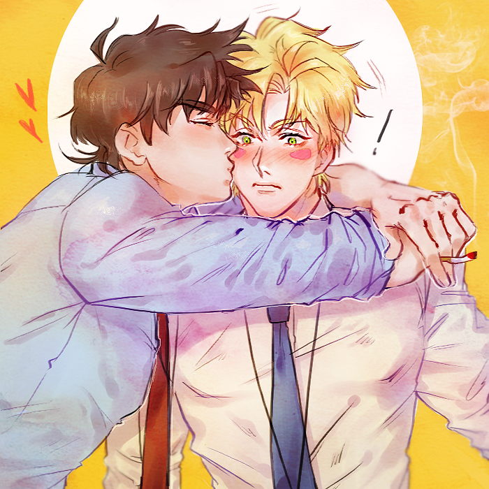 !, 2boys, battle_tendency, blonde_hair, blush, caesar_anthonio_zeppeli, cigarette, dress_shirt
