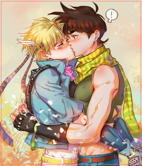 !, 2boys, abs, bare_shoulders, battle_tendency, blonde_hair, bloody_stream, blue_eyes, blue_jacket, blush, brown_hair, caesar_anthonio_zeppeli, crop_top, facial_mark, feather_hair_ornament, feathers, fingerless_gloves, gloves, green_eyes, green_scarf, hair_ornament, headband, homil22, jacket, jojo_no_kimyou_na_bouken, joseph_joestar, joseph_joestar_(young), kiss, male_focus, midriff, multiple_boys, pink_scarf, scarf, striped_clothes, striped_scarf, triangle_print, winged_hair_ornament, yaoi