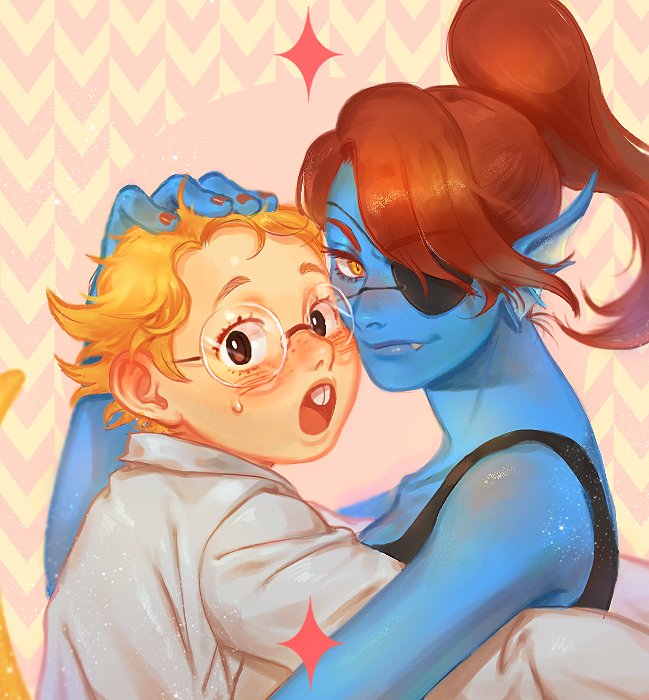 2girls, alphys, black_eyes, blonde_hair, blue_skin, blush, colored_skin, eyepatch, fang, fins, freckles, glasses, hand_on_another's_head, head_fins, homil22, humanization, monster_girl, multiple_girls, ponytail, red_hair, round_eyewear, short_hair, undertale, undyne, utdr_(toby_fox), yellow_eyes, yuri