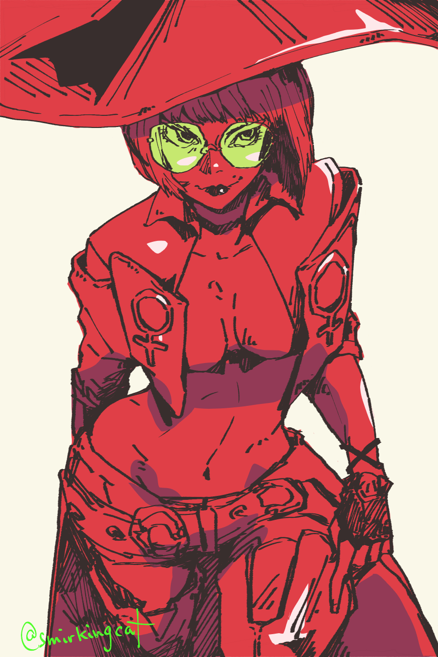 1girl, belt, black_lips, gloves, guilty_gear, hat, highres, i-no, jacket, monochrome, navel, smile, smirkingcat, solo, sunglasses, witch_hat