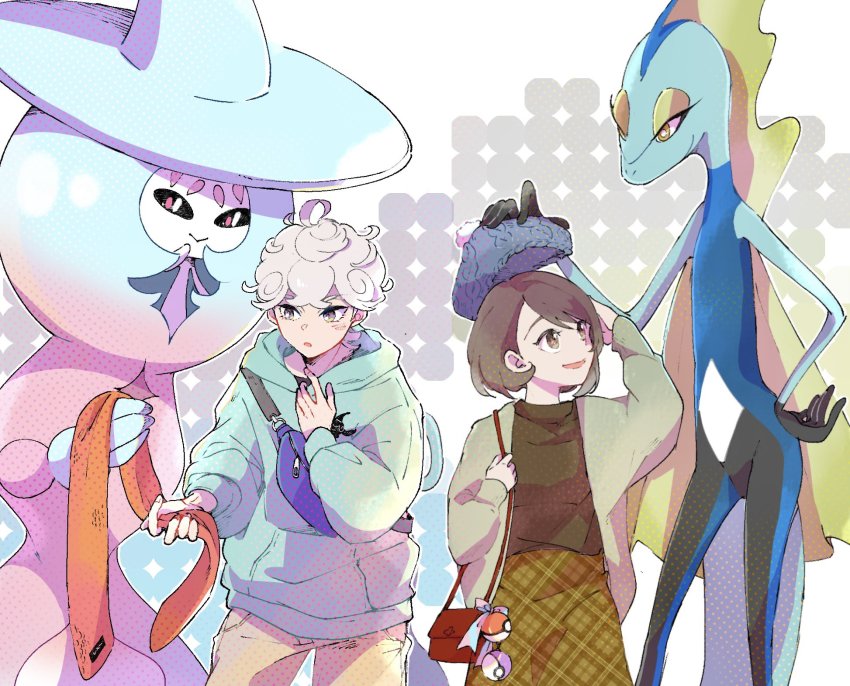 1boy, 1girl, 9no_kabe, ahoge, alternate_costume, bag, bede_(pokemon), blush