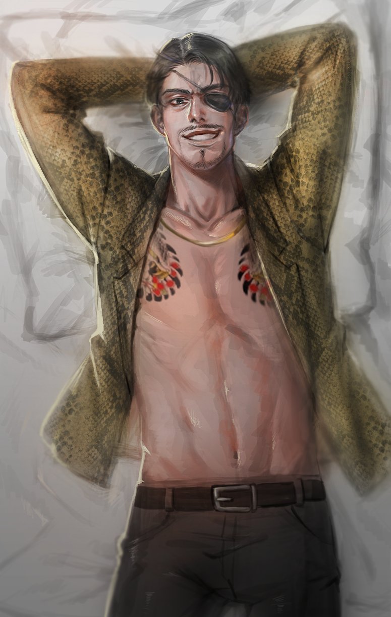 1boy, abs, arms_behind_head, bare_pectorals, black_hair, dakimakura_(medium), eyepatch, facial_hair, goatee, grin, highres, homil22, irezumi, majima_goro, male_focus, mustache, open_clothes, pectorals, ryuu_ga_gotoku_(series), smile, snake_print, solo, tattoo