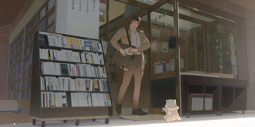 absurdres, bag, book, bookshelf, bookstore, brown_hair, buttons, chinese_commentary
