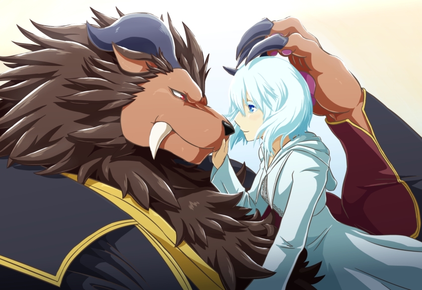 1boy, 1girl, aqua_hair, blue_eyes, brown_hair, claws, closed_mouth, dress, furry, furry_male, furry_with_non-furry, haikiba_ken'ichi, hair_between_eyes, hand_on_another's_head, highres, hood, hood_down, horns, interspecies, leonhart_(niehime), niehime_to_kemono_no_ou, red_eyes, sariphi, smile, tusks