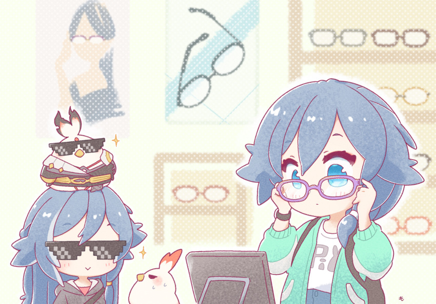 2girls, animal, backpack, bag, bird, black_hair, black_hoodie, blue_eyes