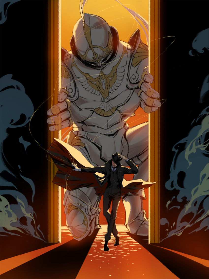 1boy, adjusting_clothes, adjusting_headwear, armor, beikejiedeaimili, black_jacket, black_necktie, black_pants, chinese_commentary, commentary_request, dancing, doorway, dusk, full_armor, gate, giant, highres, jacket, klein_moretti, kneeling, knight, lord_of_the_mysteries, marionette, necktie, opening_door, pants, pov_doorway, puppet, shadow, shirt, string, white_shirt