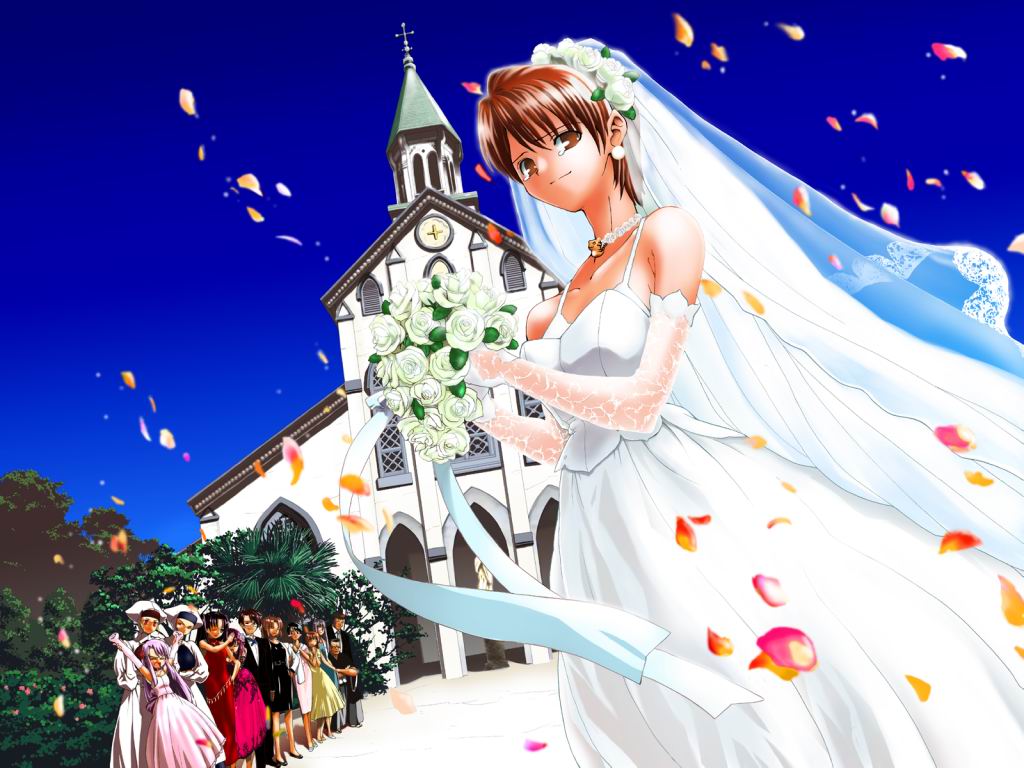 00s, 3boys, 6+girls, bare_shoulders, bouquet, bridal_veil, bride, brown_hair