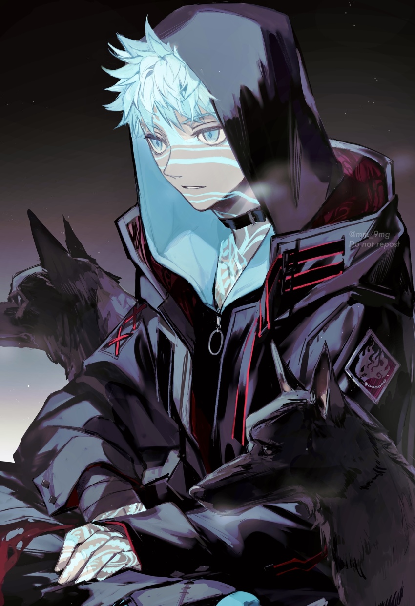 1boy, absurdres, angra_mainyu_(fate), angra_mainyu_(third_ascension)_(fate), bandages, black_eyes, black_hoodie, blue_eyes, collar, commentary, dark-skinned_male, dark_skin, fate/grand_order, fate/hollow_ataraxia, fate_(series), full-body_tattoo, highres, hood, hoodie, male_focus, mg_(ehme3725), open_mouth, short_hair, smile, solo, tattoo