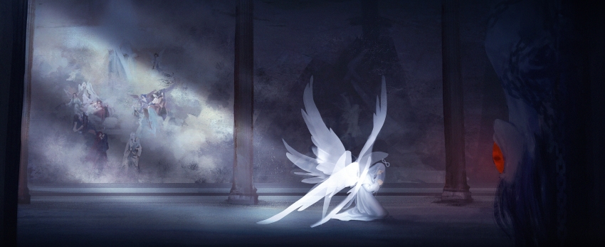 2boys, absurdres, angel, angel_wings, chinese_commentary, closed_eyes, commentary_request, crucifixion, cyclops, dark, highres, holding, infinity_symbol, looking_at_another, lord_of_the_mysteries, multiple_boys, multiple_wings, mural, one-eyed, ouroboros_(lord_of_the_mysteries), own_hands_together, praying, red_eyes, renshengruxi310, silver_hair, sunlight, true_creator, upside-down, wings