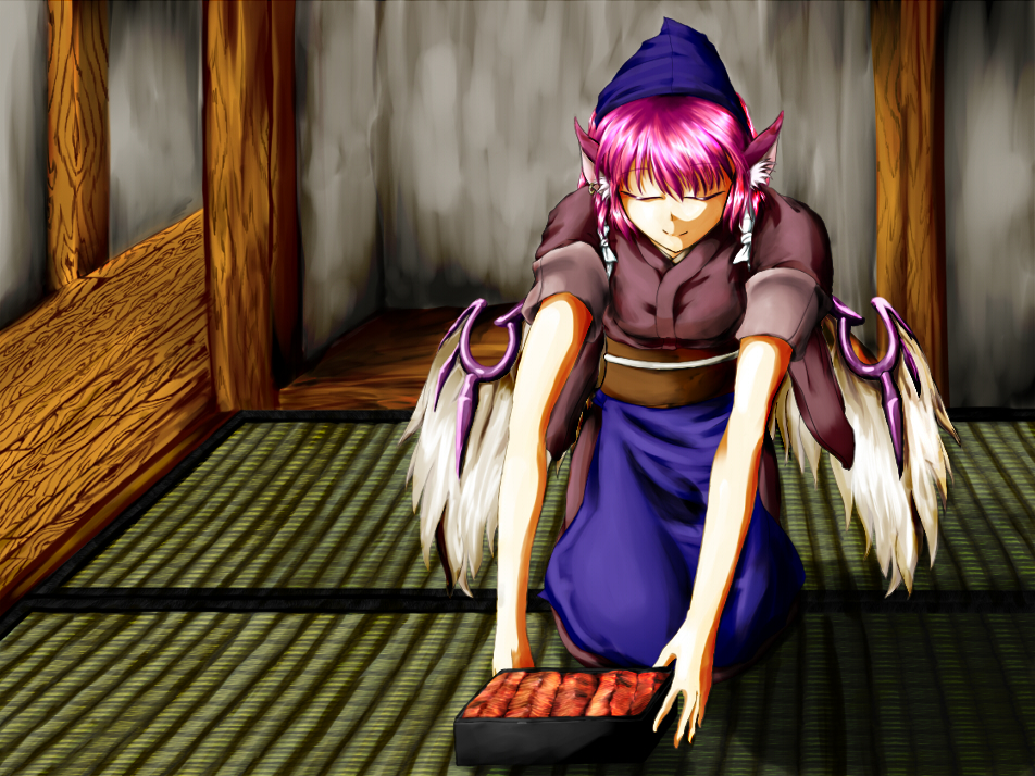 1girl, animal_ears, apron, closed_eyes, female_focus, food, full_body, headscarf