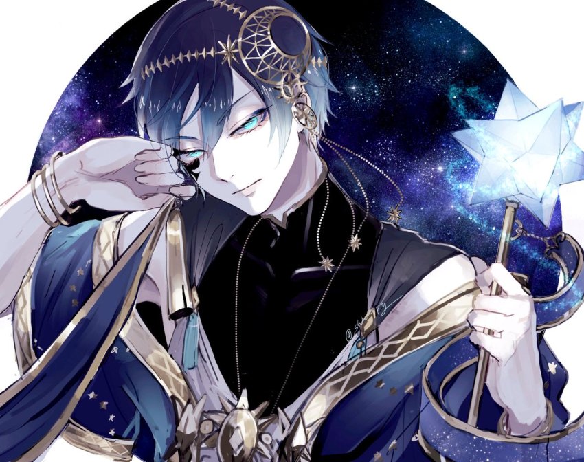 1boy, blue_eyes, blue_hair, colored_tips, crescent, crescent_hair_ornament, deuce_spade, deuce_spade_(starsending_robes), ear_piercing, earrings, hair_ornament, head_rest, jewelry, multicolored_hair, pale_skin, piercing, purple_hair, robe, shino_(shino-xx), sky, small_stellated_dodecahedron, solo, spade_(shape), star_(sky), star_(symbol), starry_sky, twisted_wonderland, wand