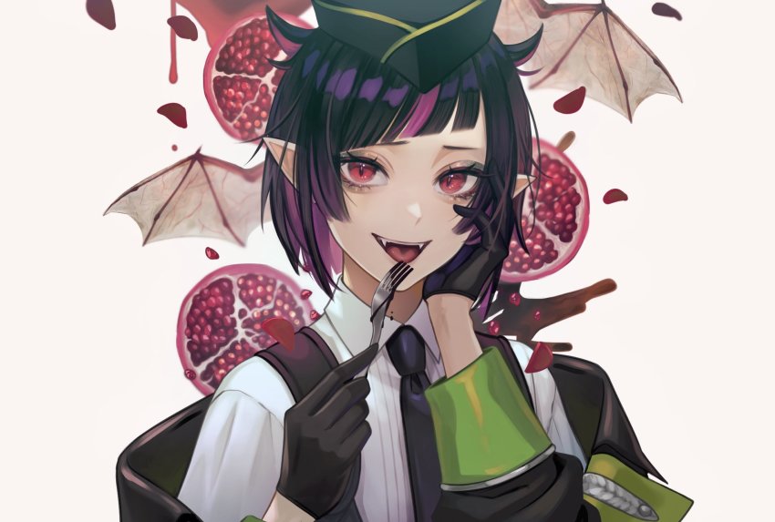 1boy, black_hair, fangs, fork, gloves, hands_on_own_cheeks, hands_on_own_face, head_rest, highres, lilia_vanrouge, looking_at_viewer, meg_mumu, multicolored_hair, pale_skin, pink_hair, pointy_ears, red_eyes, slit_pupils, solo, trap, twisted_wonderland, wings