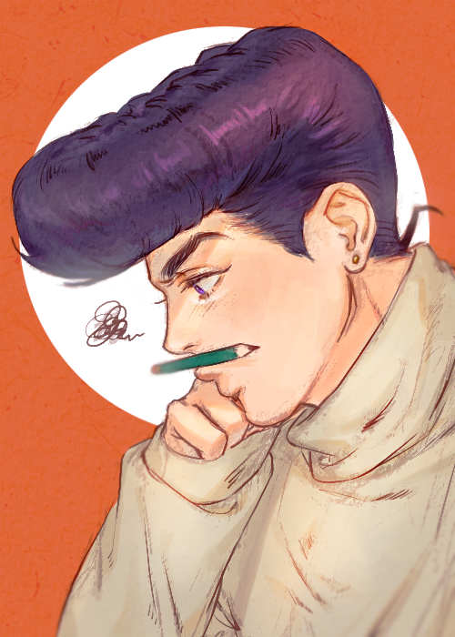 1boy, diamond_wa_kudakenai, higashikata_josuke, homil22, jojo_no_kimyou_na_bouken, long_sleeves, pencil_as_mustache, pencil_on_nose