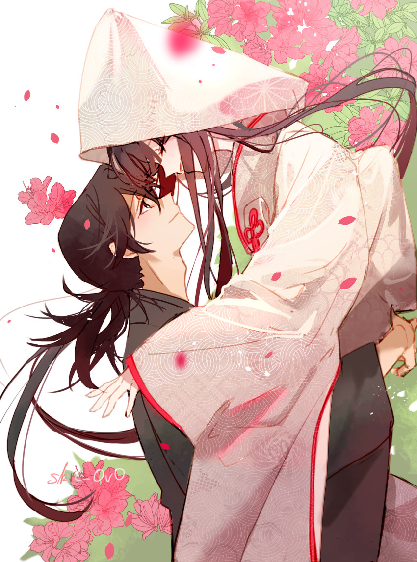 1boy, 1girl, azalea_(flower), black_hair, closed_eyes, closed_mouth, commentary_request, dress