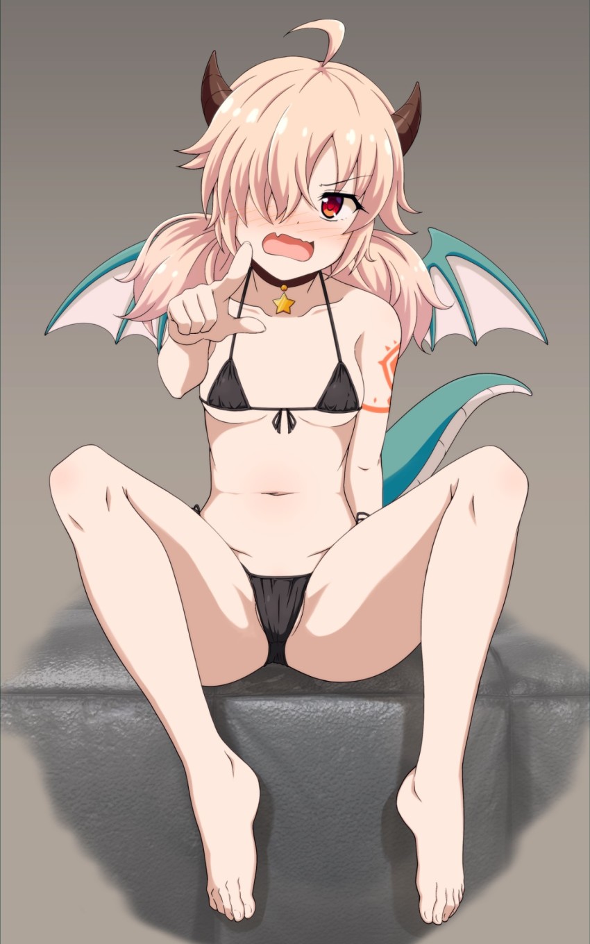 1girl, bikini, blush, breasts, dragon_girl, dragon_horns, highres, horns