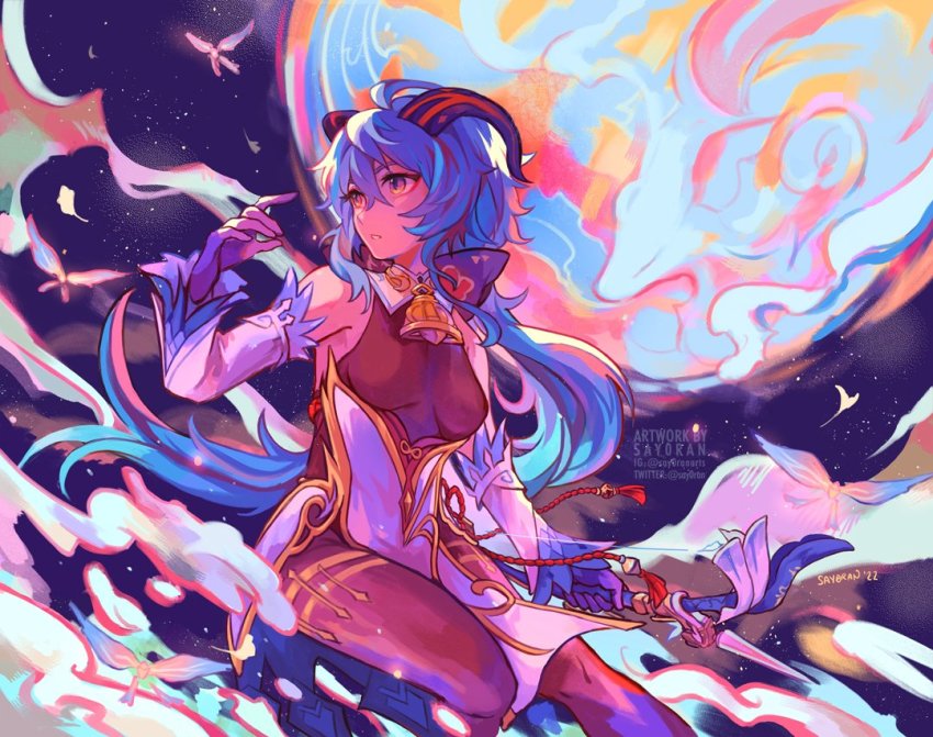 1girl, ahoge, artist_name, bare_shoulders, bell, black_bodysuit, blue_hair, bodysuit