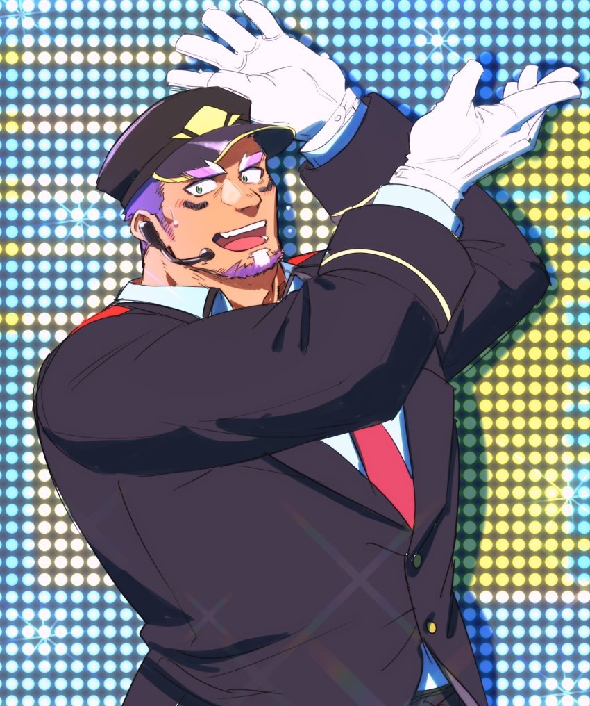 1boy, bara, dancing, formal_clothes, gloves, highres, live_a_hero, male_focus