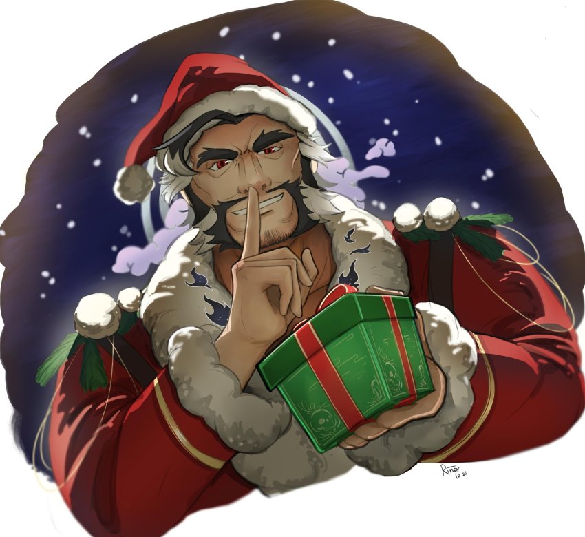 1boy, bara, black_hair, christmas, daikoku_(housamo), gift, halo, halo_behind_head