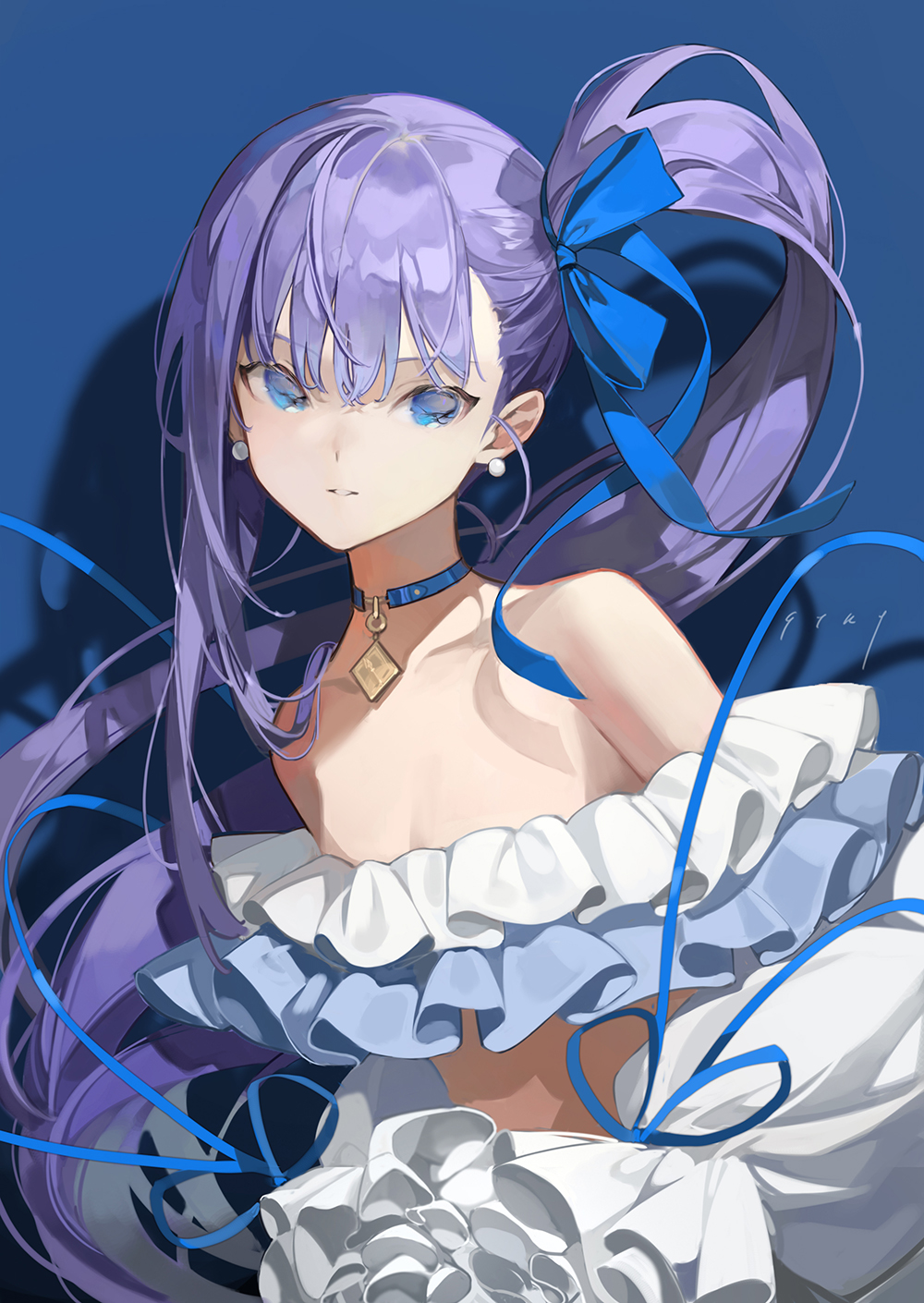 1girl, bare_shoulders, bikini, blue_eyes, blue_ribbon, breasts, choker, chyoel