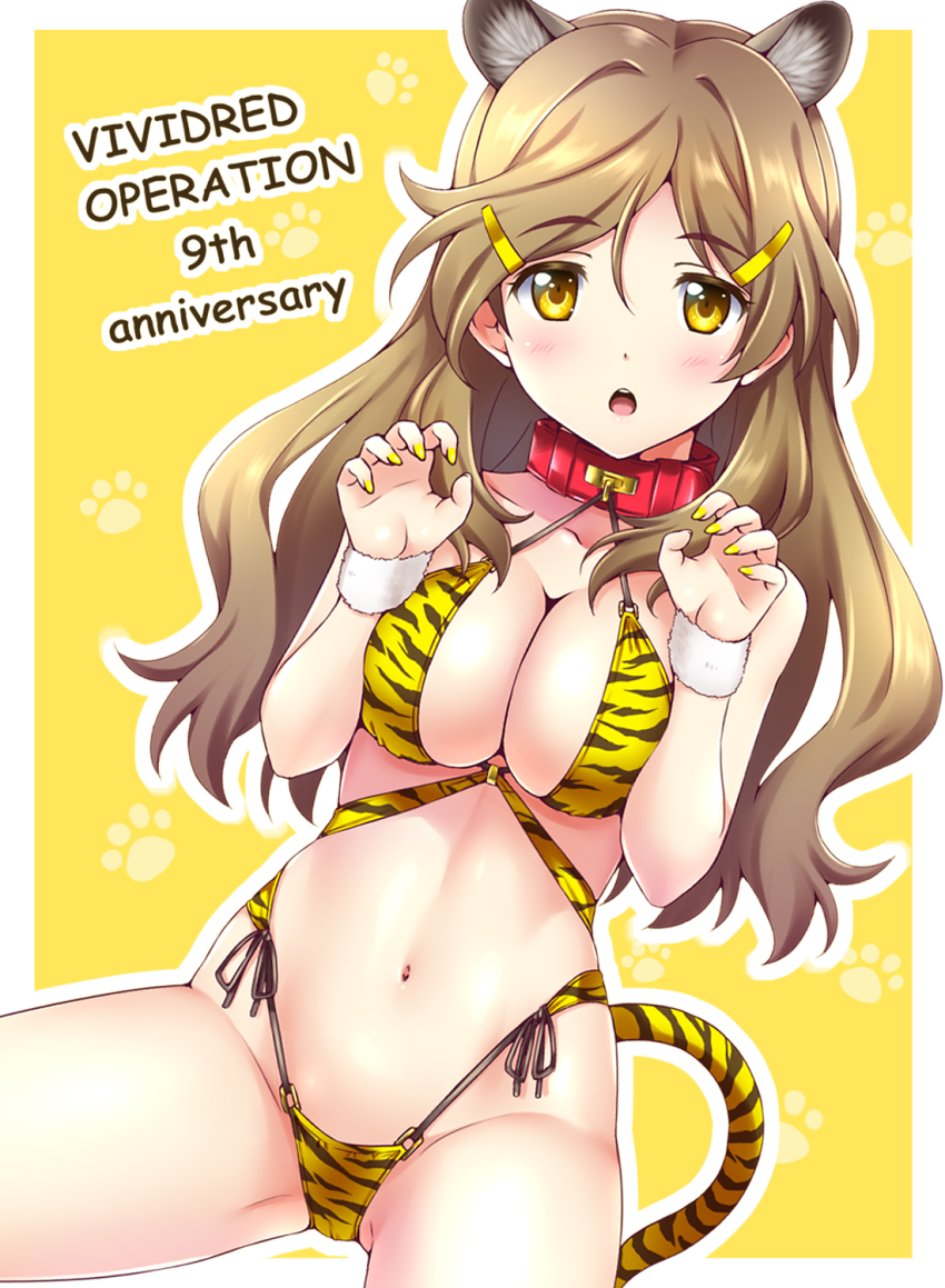 1girl, animal_ears, animal_print, anniversary, bikini, breasts, brown_hair, cleavage