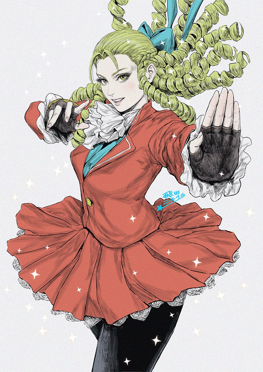 1girl, antenna_hair, ascot, black_pantyhose, blonde_hair, blue_ribbon, capcom, commentary_request