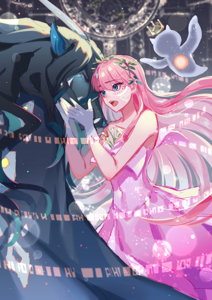 1girl, belle_(ryuu_to_sobakasu_no_hime), black_hair, blue_eyes, creature, dress, facial_mark, gloves, highres, long_hair, monster, pink_hair, ryuu_(ryuu_to_sobakasu_no_hime), ryuu_to_sobakasu_no_hime, sea_angel, suzaku_(zaku6584), tenshi_(ryuu_to_sobakasu_no_hime)