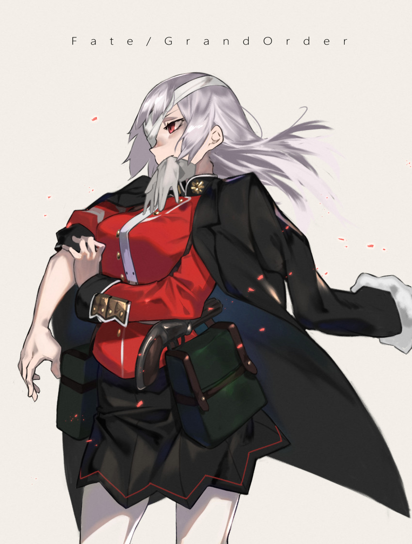 1girl, absurdres, antique_firearm, balance_(superdust), bandage_over_one_eye, belt_pouch, black_coat, black_skirt