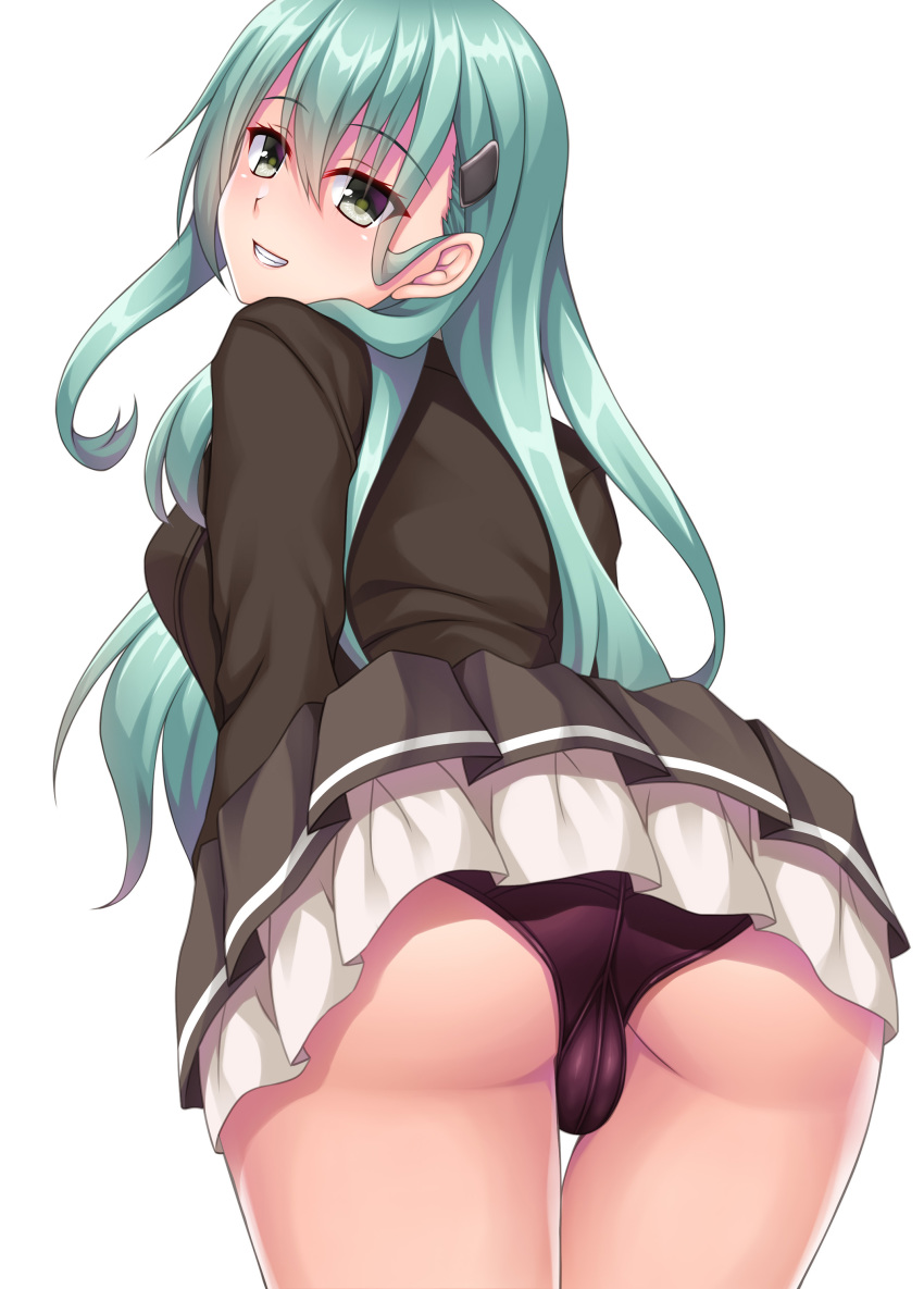 1girl, absurdres, aqua_hair, ass, blush, brown_cardigan, brown_skirt, cameltoe