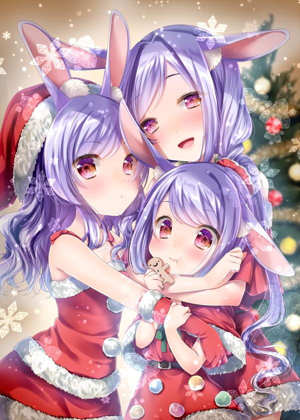 3girls, :d, :t, animal_ear_fluff, arms_around_neck, belt, blush, child, christmas, christmas_ornaments, christmas_tree, dress, eating, food, fur-trimmed_dress, fur-trimmed_gloves, fur-trimmed_headwear, fur_trim, gingerbread_man, gloves, group_picture, haruse_meio, hat, holding, holding_food, hug, looking_at_viewer, multiple_girls, open_mouth, original, pom_pom_(clothes), ponytail, purple_hair, rabbit_ears, red_eyes, red_gloves, santa_hat, one_ear_down, smile, snow, snowflakes