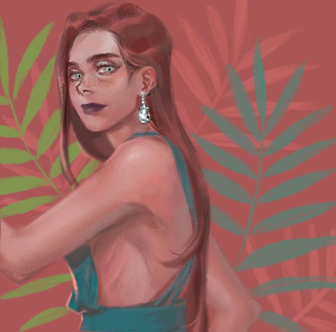 1girl, bare_shoulders, battle_tendency, blue_dress, blue_eyes, dress, earrings, fern