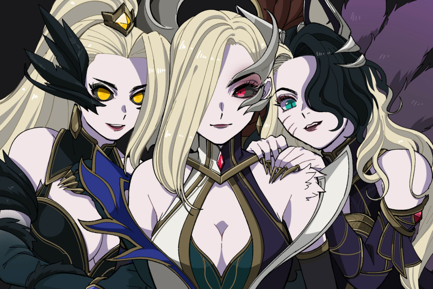 3girls, :d, ahri_(league_of_legends), animal_ears, bare_shoulders, black_background, black_gloves, black_hair, black_sclera, blonde_hair, breasts, cleavage, colored_sclera, coven_ahri, coven_morgana, coven_zyra, detached_sleeves, elbow_gloves, facial_mark, fangs, feathers, fox_ears, fox_tail, gloves, green_eyes, hair_over_one_eye, hands_up, hiyari_(hiyarilol), large_breasts, league_of_legends, long_hair, long_sleeves, morgana_(league_of_legends), multiple_girls, open_mouth, pale_skin, ponytail, red_eyes, slit_pupils, smile, tail, teeth, upper_body, upper_teeth_only, whisker_markings, yellow_eyes, zyra