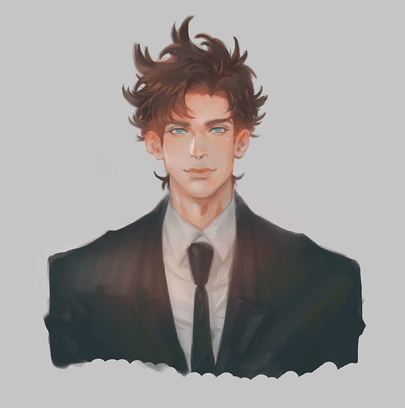 1boy, battle_tendency, blue_eyes, brown_hair, cowlick, curly_hair, formal_clothes, homil22