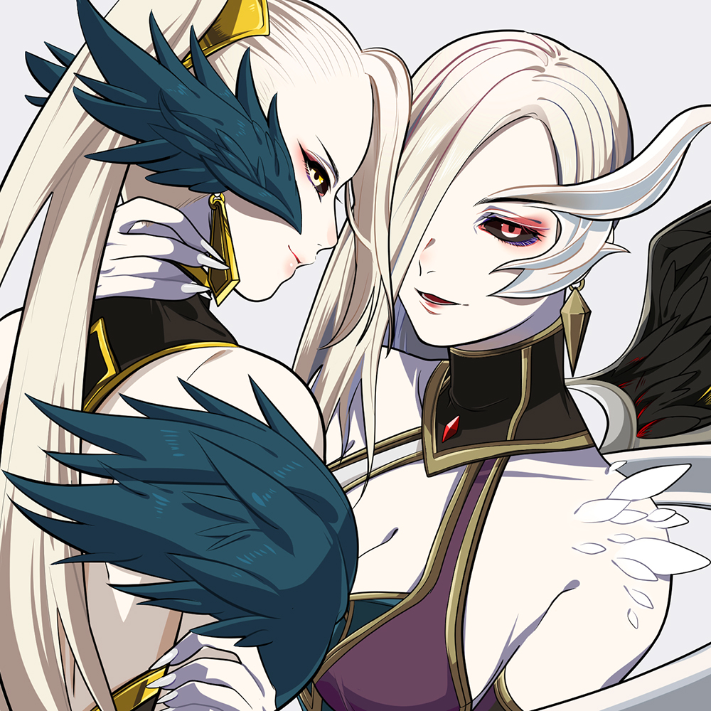 2girls, bare_shoulders, black_sclera, blonde_hair, breasts, cleavage, colored_sclera, coven_morgana, coven_zyra, detached_sleeves, earrings, feathered_wings, feathers, hair_ornament, hand_on_another's_neck, hiyari_(hiyarilol), jewelry, large_breasts, league_of_legends, long_hair, looking_at_viewer, lower_teeth_only, morgana_(league_of_legends), multiple_girls, nail_polish, pale_skin, ponytail, profile, red_eyes, sideways_glance, simple_background, smile, teeth, upper_body, white_nails, wings, yellow_eyes, zyra
