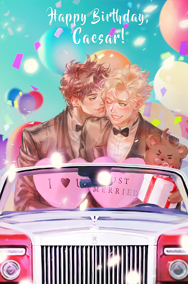 2boys, balloon, battle_tendency, blonde_hair, blue_eyes, blurry, bow, bowtie