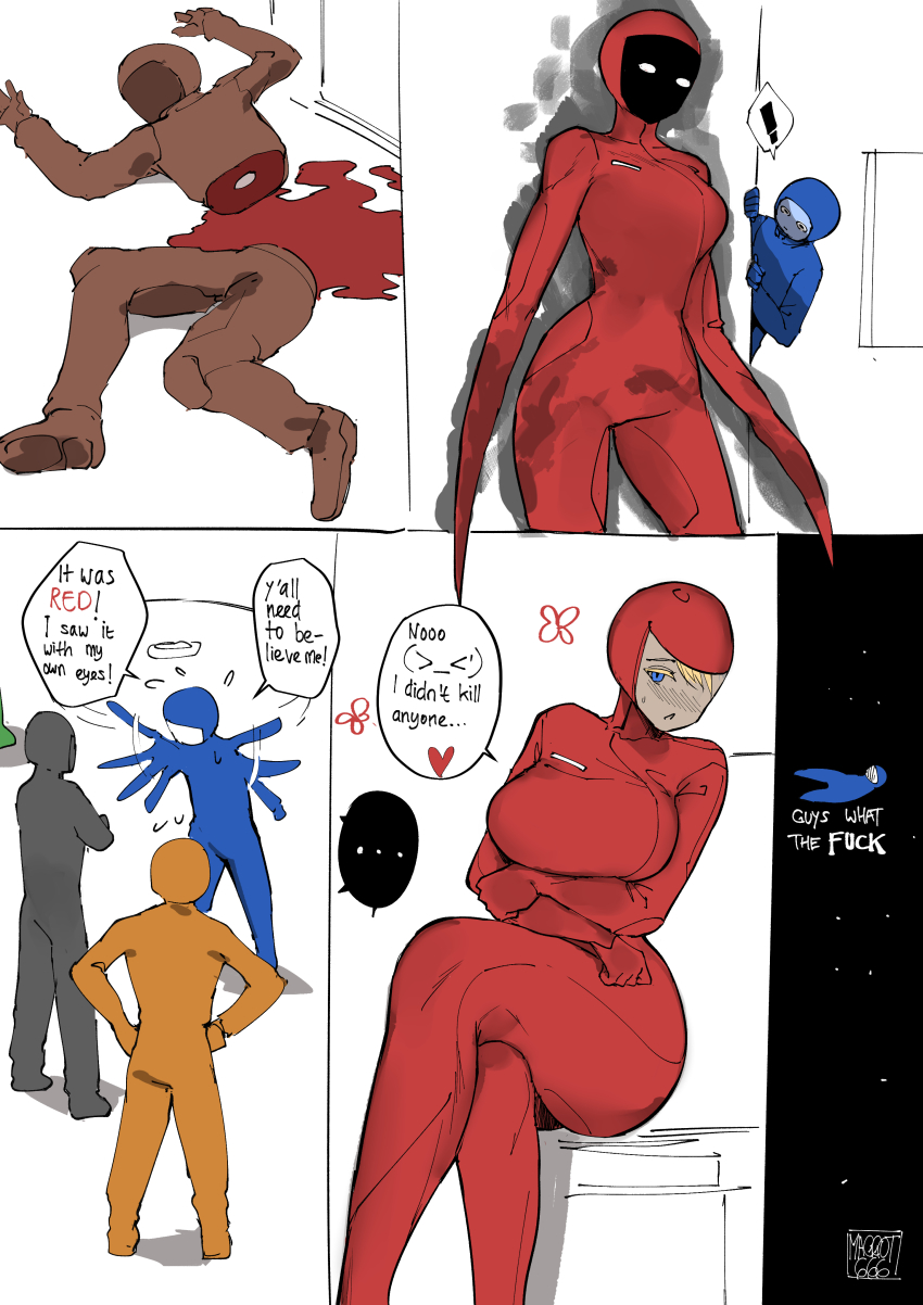 !, ..., absurdres, afterimage, among_us, artist_name, blonde_hair, blood, blue_(among_us), blue_bodysuit, blue_eyes, blush, bodysuit, breasts, brown_(among_us), brown_bodysuit, colored_eyelashes, crewmate_(among_us), crossed_legs, curvy, facing_viewer, feet_out_of_frame, flying_sweatdrops, full_body, grey_(among_us), grey_bodysuit, hands_on_own_hips, heart, helmet, highres, humanization, large_breasts, looking_at_another, looking_at_viewer, norman_maggot, orange_(among_us), orange_bodysuit, peeking_out, red_(among_us), red_bodysuit, sequential, sitting, space, space_helmet, spacesuit, speech_bubble, spoken_ellipsis, spoken_exclamation_mark, spoken_heart, standing, star_(sky), sweatdrop, truth