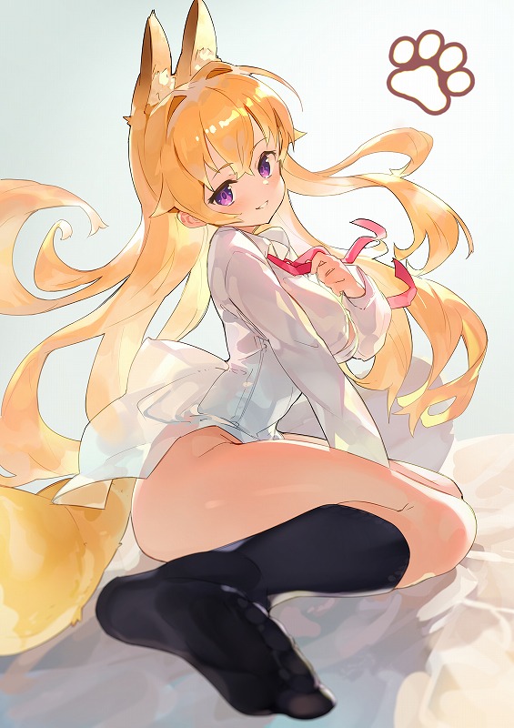 animal_ears, black_legwear, blonde_hair, bottomless, bow, bowtie, breasts, floating_hair, from_side, hair_between_eyes, hair_intakes, kanokon, large_breasts, long_hair, minamoto_chizuru, purple_eyes, shirt, simple_background, sitting, smile, socks, tail, thick_thighs, thighs, very_long_hair, wariza, white_shirt, yogurt_bakudan