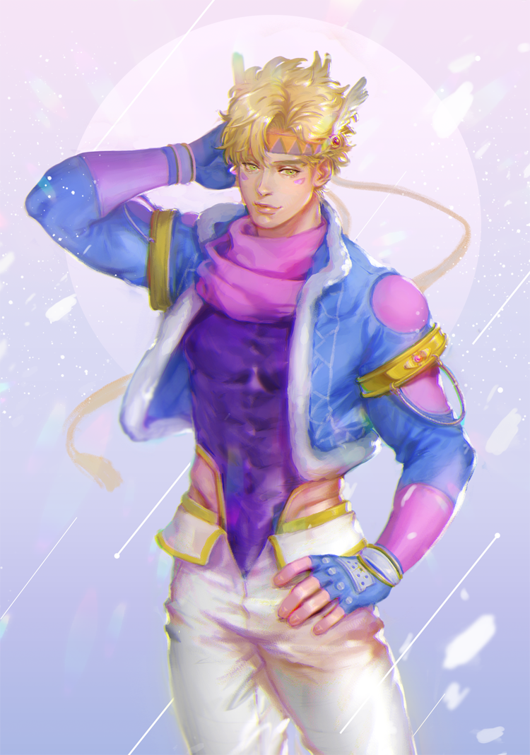 1boy, adapted_costume, battle_tendency, blonde_hair, blue_jacket, caesar_anthonio_zeppeli, facial_mark, feather_hair_ornament