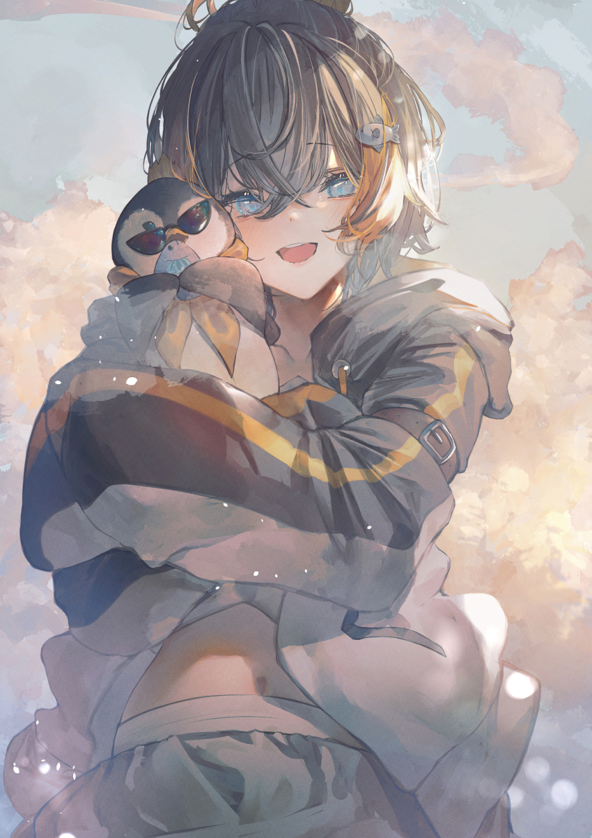 1girl, animal, balloon, belt, belt_buckle, betanonbeet, bird, black_belt