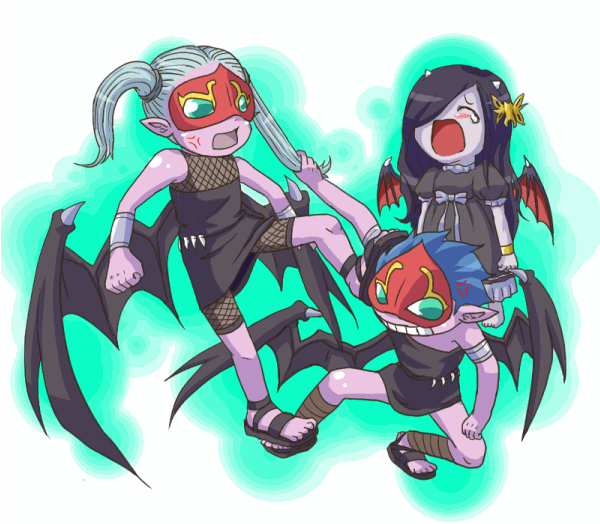 battle, black_hair, blue_hair, dress, duel_monster, fabled_krus, fabled_lurrie, fabled_topi, fiend_roar_deity_cruz, fiend_roar_deity_luri, fiend_roar_deity_topy, grabbing_another's_hair, hair_ornament, hairclip, holding_another's_hair, horns, mask, tears, wings, yu-gi-oh!, yu-gi-oh!_duel_monsters