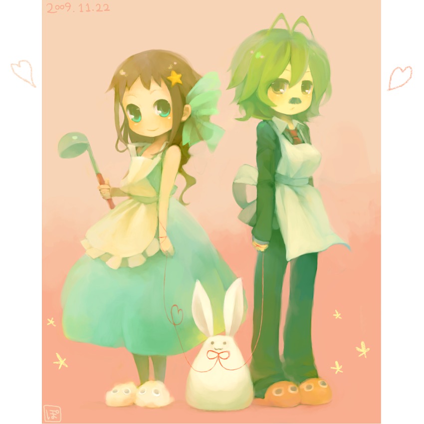 2girls, :3, animal_ears, antenna_hair, apron, bad_id, bad_pixiv_id, brown_hair
