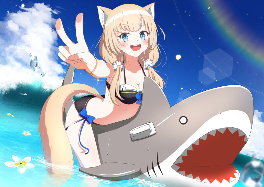 1girl, :d, absurdres, animal_ear_fluff, animal_ears, bikini, black_bikini, blue_bow