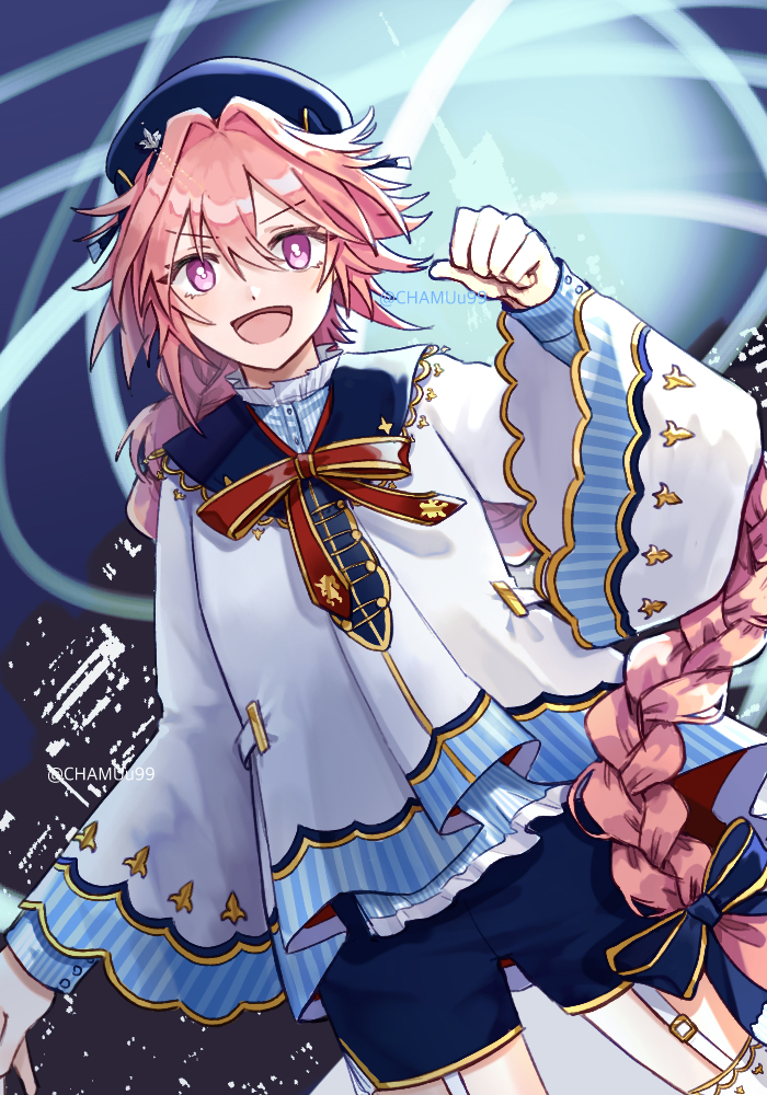>:), 1boy, astolfo_(angel_breath)_(fate), astolfo_(fate), astolfo_(saber)_(fate), bow, braid, crossdressing