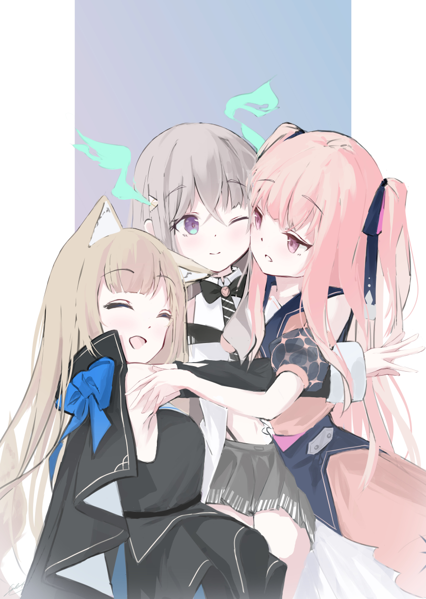 3girls, absurdres, animal_ears, black_bow, black_bowtie, black_cape, black_dress, blonde_hair
