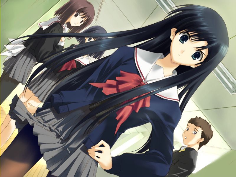 1boy, 3girls, black_hair, blue_eyes, bow, brown_hair, long_hair, long_sleeves, multiple_girls, nakamura_takeshi, pantyhose, sakaki_shinobu, school_uniform, serafuku, short_hair, tenshi_no_inai_12-gatsu