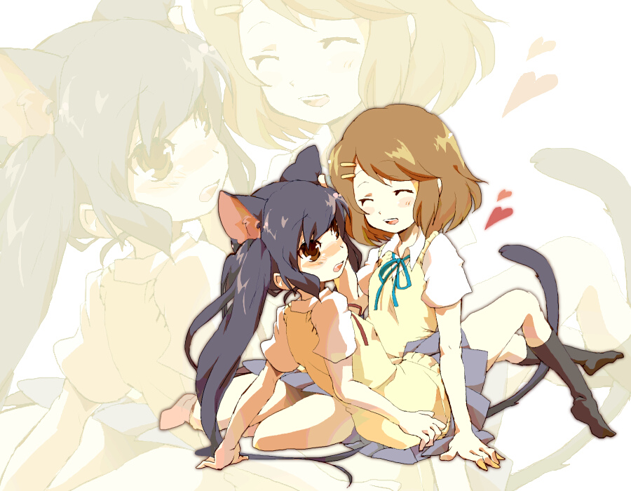 00s, 2girls, animal_ears, arm_support, bad_id, bad_pixiv_id, black_hair, brown_eyes, brown_hair, closed_eyes, hair_ornament, hairclip, heart, hirasawa_yui, k-on!, kneehighs, leaning_back, long_hair, multiple_girls, nakano_azusa, open_mouth, poth, school_uniform, short_hair, sitting, skirt, socks, sweater_vest, zoom_layer