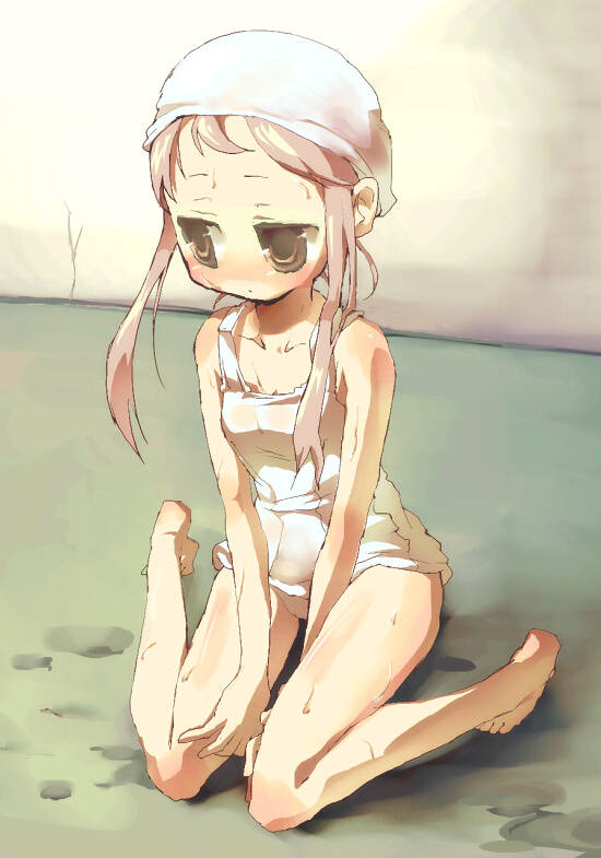 bad_id, bad_pixiv_id, barefoot, blush, flat_chest, long_hair, one-piece_swimsuit, pink_hair