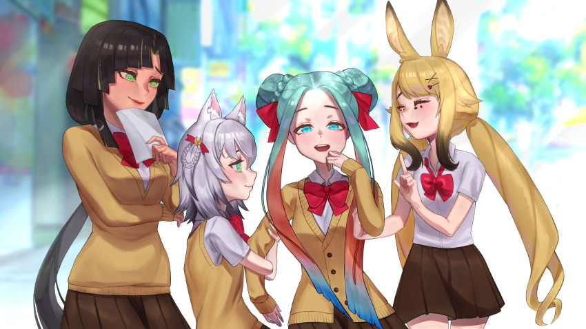 4girls, ^_^, absurdres, animal_ears, anon_non, anon_non_(artist), aqua_eyes, aqua_hair