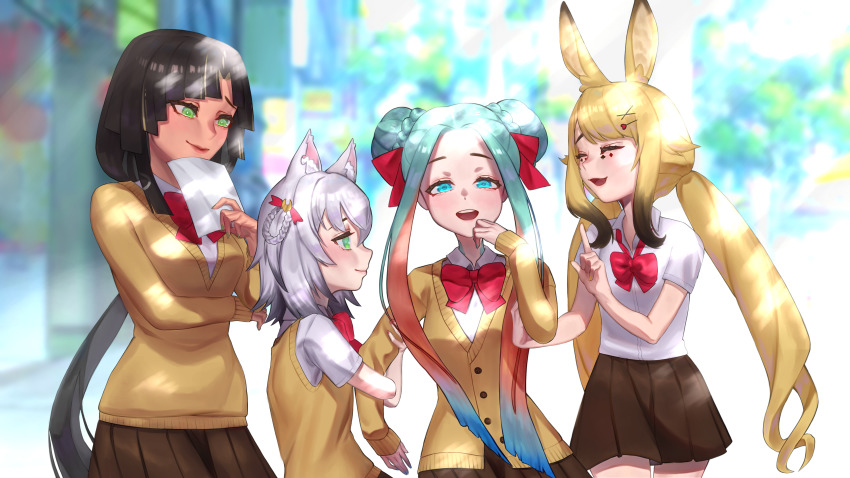 4girls, absurdres, animal_ears, anon_non, anon_non_(artist), aqua_eyes, aqua_hair, black_hair