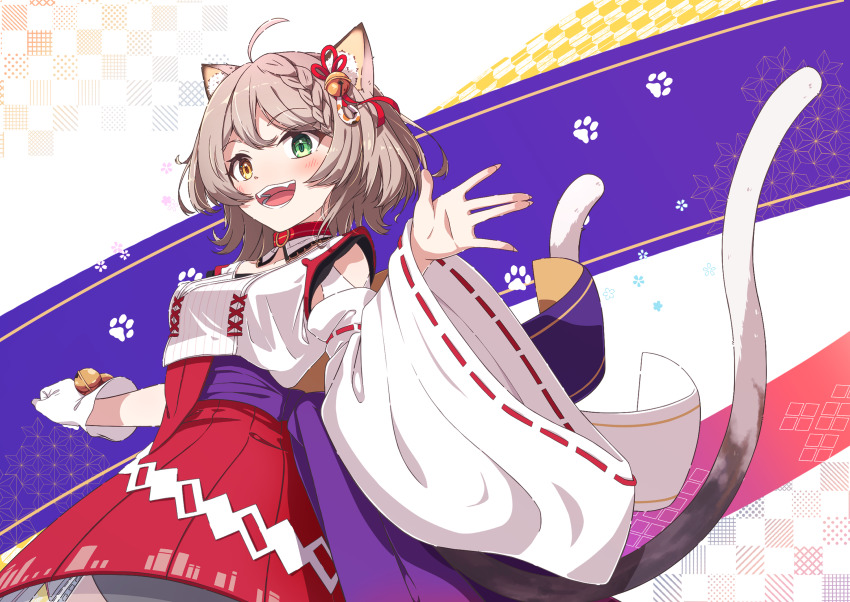 1girl, absurdres, animal_ear_fluff, animal_ears, asymmetrical_clothes, bell, braid, braided_bangs